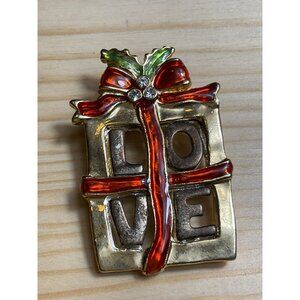 Gold-Tone "Love" Gift Box Pin Brooch With Red & Green Enamel Accents